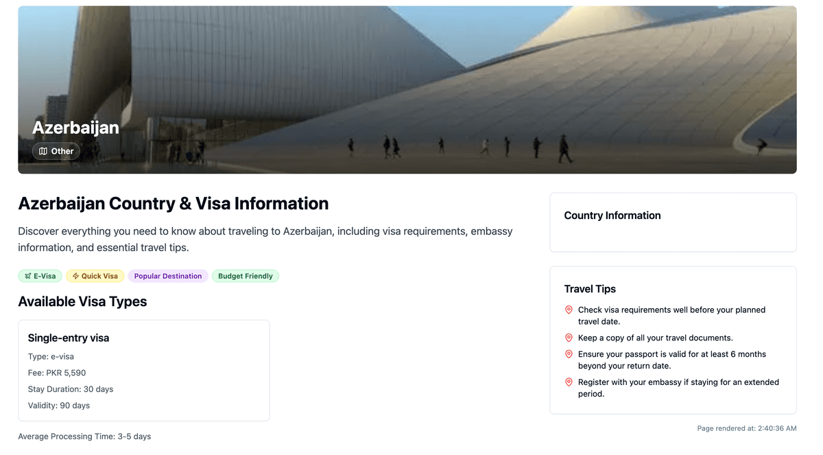 Screenshot of country database showing visa requirements for Pakistani citizens