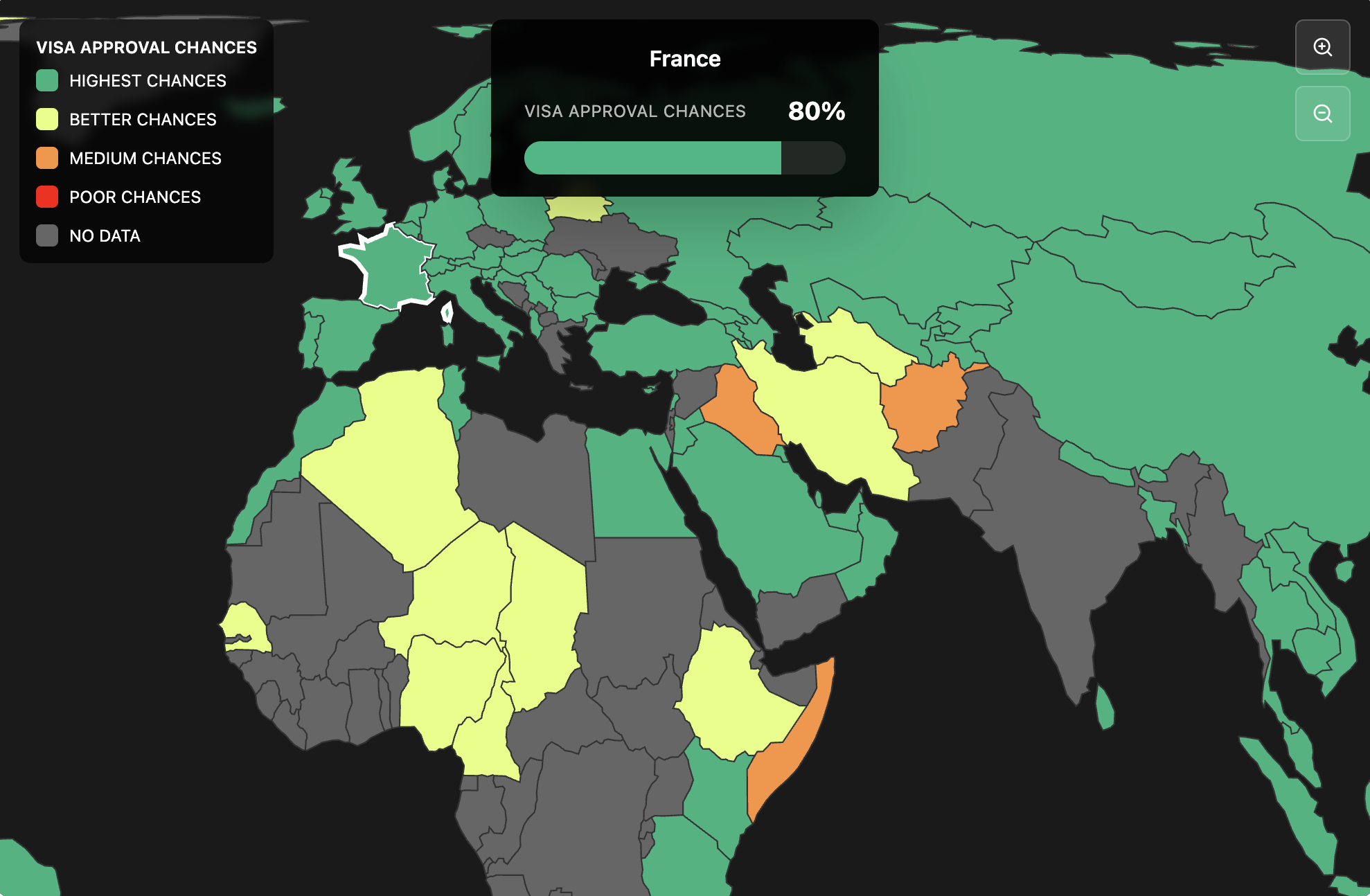 World Map showing visa approval chances
